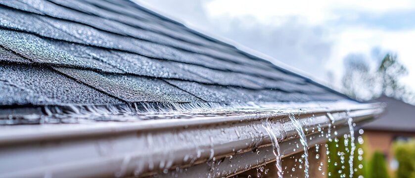 Rainwater Streaming Off a Dark Shingled Roof on a Cloudy Day