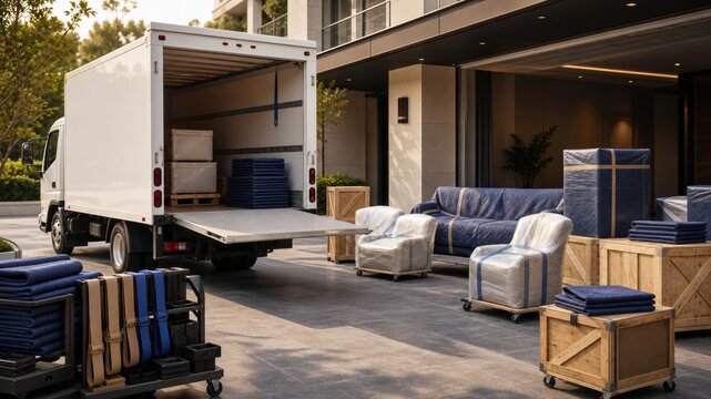 Moving truck is unloading furniture and boxes at a residential building in the afternoon