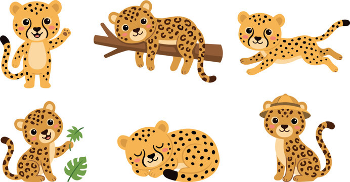 Cute Kawaii Cheetah and Leopard Cub Vector Character Set Featuring Various Poses for Kids Jungle Safari Sticker and Graphic Designs