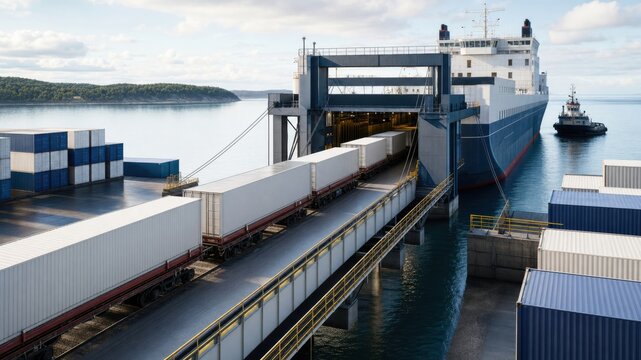 Shipping containers load onto a large cargo ship at a busy port in daytime hours