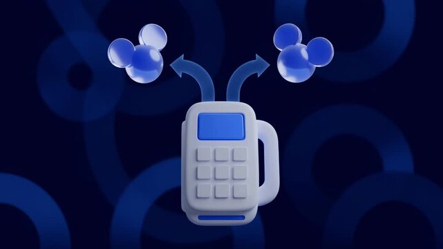 Focus on a simplified icon of a payment terminal with glowing arrows pointing to issuer and acquirer nodes set against a softly blurred technical interface.
