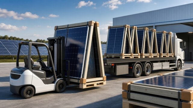 Forklift loads solar panels onto a truck at a solar energy facility in the afternoon sun