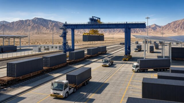 Container terminal with trucks and cranes working in a freight yard in a desert area