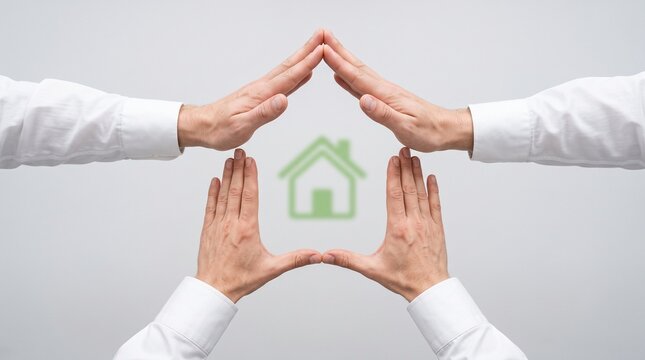Conceptual real estate house frame made of human hands, business team protecting green home icon, mortgage and property insurance concept