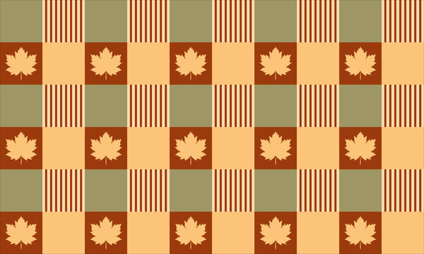 Warm thanksgiving plaid seamless pattern with maple foliage, autumn sage green and orange checkered background