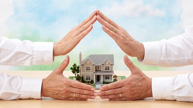 Home insurance concept with hands protecting house model, real estate security and property investment protection, family housing mortgage and safety