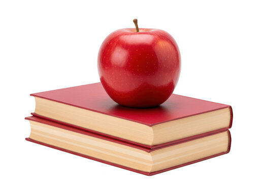 Red apple resting on stacked books on transparent background fruit