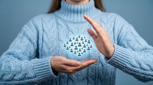 Customer relationship management concept with glowing people icons, woman holding digital audience network, human resources and community growth