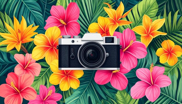 Bright colorful flowers arranged around vintage camera lens.
