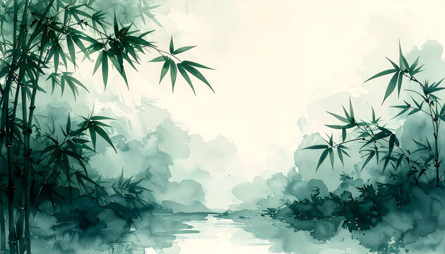 Bamboo stalks display delicate ink wash brushstrokes in tranquil meditative zen Asian artistic style generative AI