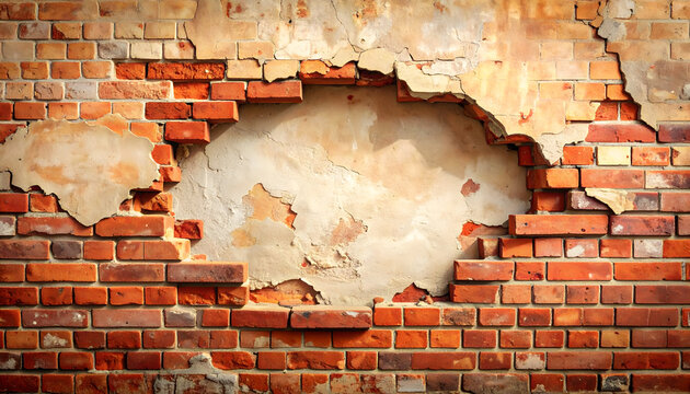 Brick wall displays irregular opening revealing rough plaster in rustic weathered urban decay style generative AI