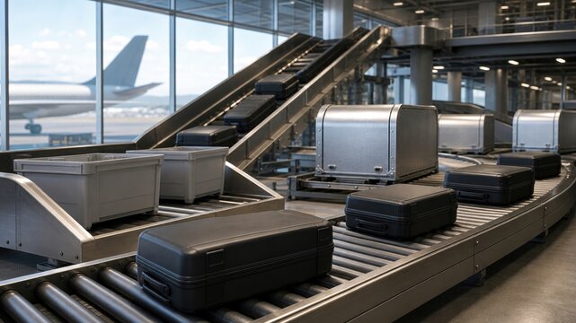 Baggage moving on conveyor belt at airport during daytime with airplane in background
