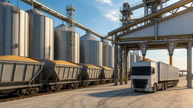 Trucks unloading grains at a storage facility near large silos during daylight hours