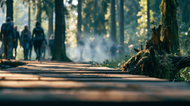 Low angle wooden boardwalk in misty forest with blurred walkers and tree stump in morning light for summer hiking and nature lifestyle marketing