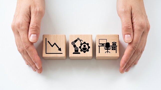 Industrial automation wooden blocks held by hands, manufacturing process optimization concept, decline graph and robotic arm icons on wood cubes