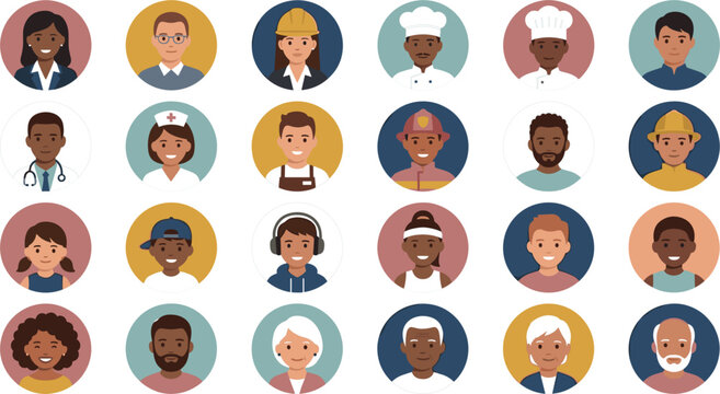 Diverse People Profile Avatar Round Icon Set Featuring Various Professions Age Groups Nationalities Genders Doctors Chefs Engineers and Senior Citizens