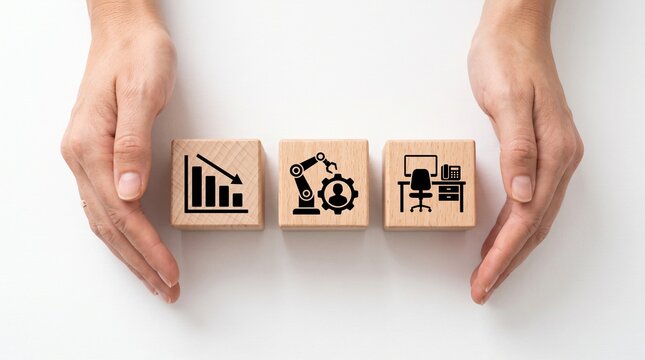 Industrial automation and labor market concept, wooden blocks with factory robotics and office icons, hands protecting business process optimization