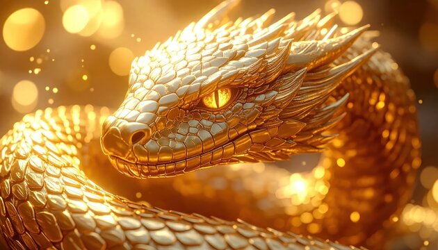 Powerful golden dragon serpent with glowing amber eyes.