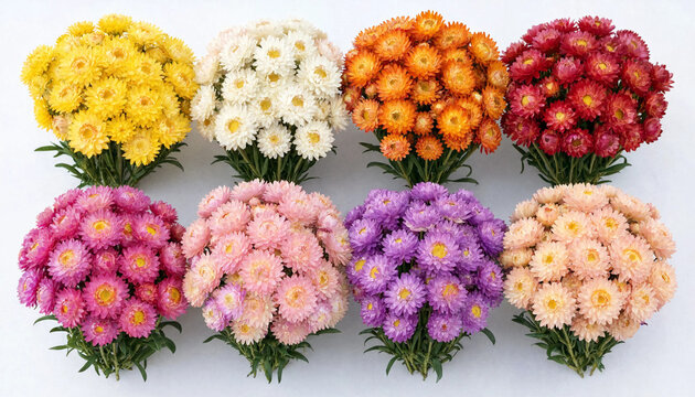 Eight distinct bunches of colorful strawflowers, or xerochrysum bracteatum, arranged in two rows on a plain white background, for a bright display