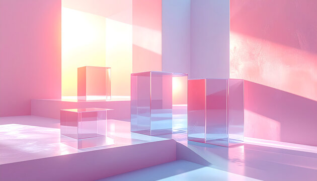 Transparent cubes float in pastel gradient creating clean and sophisticated minimalist luxury mood generative AI