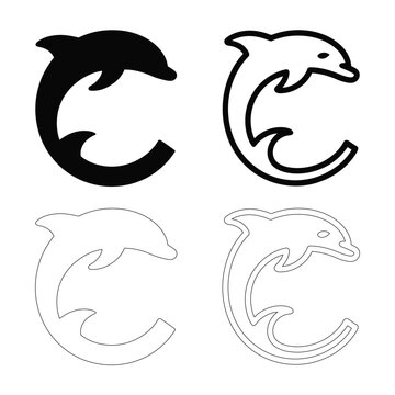 Set of four stylized dolphin icons in black and white outline and silhouette forms