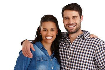 Obraz premium Happy, couple and portrait with a smile together on isolated, transparent or png background with hug or embrace. Partners, love and relax with happiness on face on anniversary, date or bonding