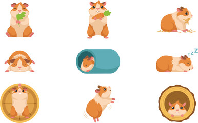 Obraz premium Cute Hamster Character Sticker Sheet Set Showing Daily Activities Eating Food Sleeping in Tunnel Running on Wheel Flat Vector Illustration