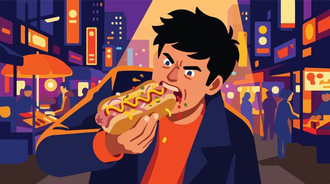 Man eating hot dog eagerly at night street food market vector. Hungry man taking big bite of hotdog with mustard and ketchup. Male character enjoying fast food in city street vector illustration.