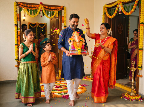 Indian family welcoming Lord Ganesha into their home during Ganesh Chaturthi with traditional festive decorations