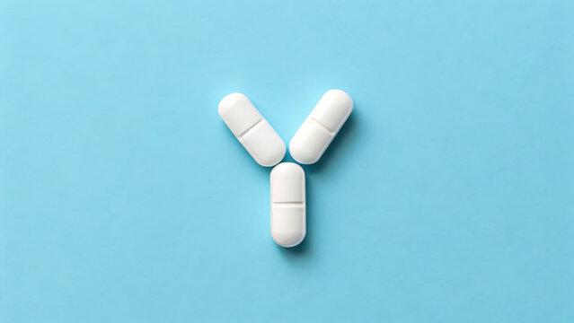 Four white pills arranged in a cross formation. Medical capsules symbolizing health and wellness solutions.