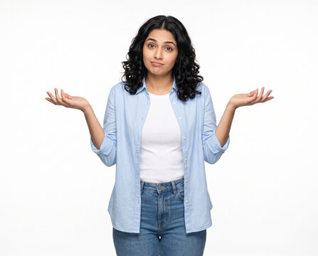 young indian woman making shrug gesture expressing uncertainty confusion and no idea isolated on white background