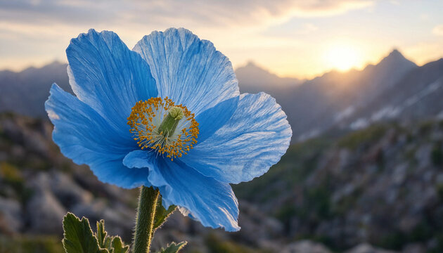 A single bright blue poppy flower blooming in the mountains with a sunset sky and snow-capped peaks in the blurred background landscape