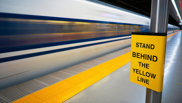 Train passing by with warning sign on platform in urban station  