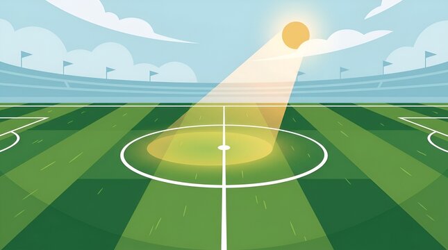 Soccer Field Spotlight: Sunny Stadium with Green Grass and Empty Stands