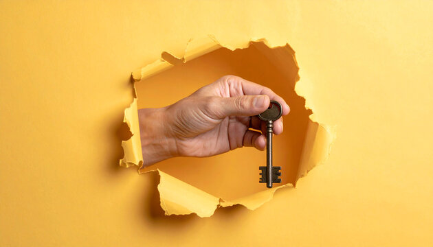 Hand holding vintage metal key through torn hole in yellow paper backdrop