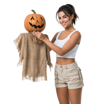 Smiling Young Woman Holding Pumpkin Head Scarecrow isolated on transparent or white background, png