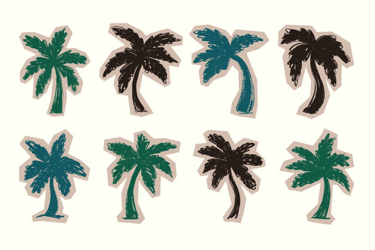 Hand Drawn Palm Tree Silhouette Set of Stickers. Scrapbook tropical coconut icon trees vector illustration with grunge texture. Exotic ink summer doodle collage painted with crayon and markers