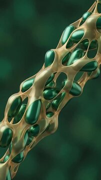 Intricate close-up view of a cellular structure with complex patterns and vibrant green elements