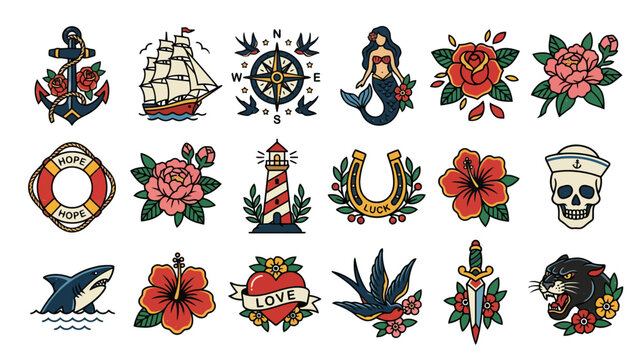 Flash Tattoo Designs: Anchor, Ship, Mermaid, Roses, Skull & More