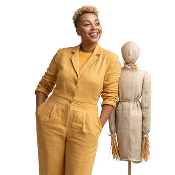 Stylish Black Woman in Yellow Jumpsuit Standing Next to Mannequin Scarecrow isolated on transparent or white background, png