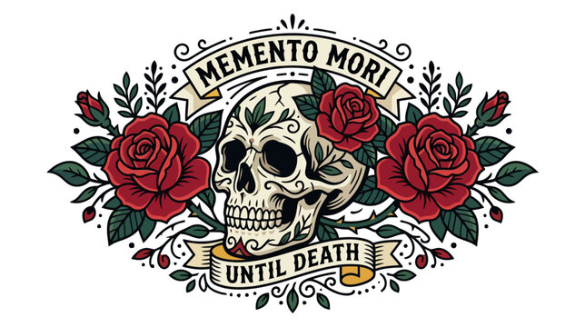 Memento Mori Skull with Roses, "Until Death" Tattoo Art Style Design