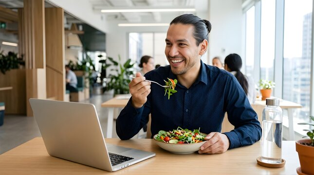 Happy man eating healthy salad while working on laptop in modern office