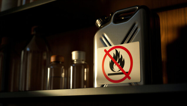Metal container with flammable symbol on shelf in dark setting  