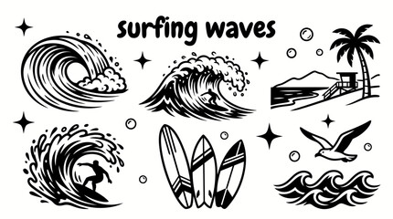 Fototapeta premium collection of surfing ocean waves featuring perfect barrels curling breakers sea foam surfboards coastal beaches and energetic water motion arranged as a premium commercial vector illustration set