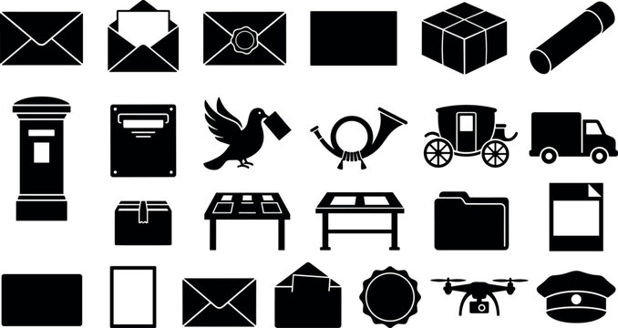 Collection of postal service and mailing symbols for shipping and logistics