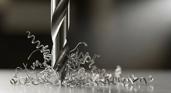 Metal drill bit cutting into surface, creating metal shavings and sparks
