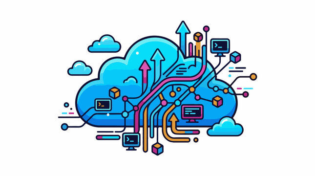 Digital data streams flowing into and out of a stylized cloud graphic