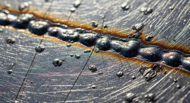 Macro close up of a metal weld seam with molten beads and heat discoloration.