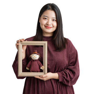 Happy Young Asian Woman Holding Picture Frame with Small Scarecrow Doll isolated on transparent or white background, png