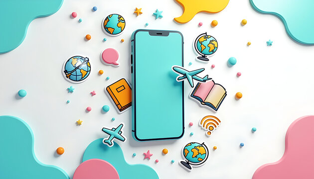 Smartphone surrounded by colorful travel essentials and gifts. Mobile device with vacation planning items and holiday shopping accessories on paste...